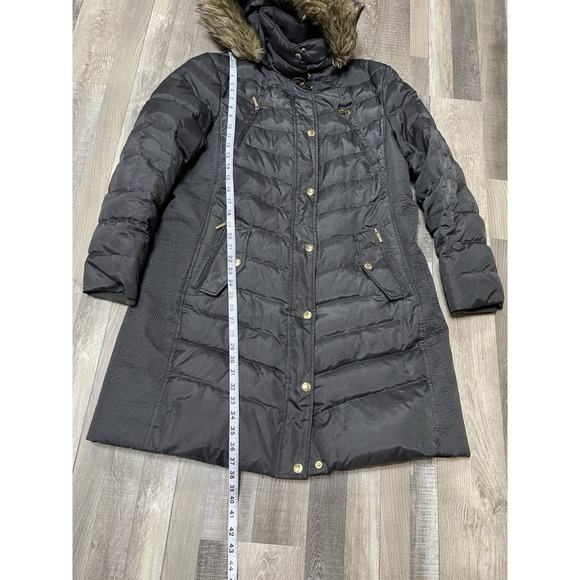 Michael Kors Goose Down Puffer Coat Faux Fur Hood Gray Grey Long Jacket Size XL - Picture 3 of 8